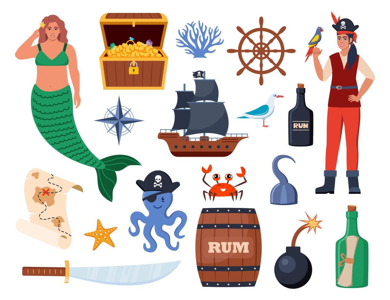 pirat element uppsättning. pirater tema illustrationer med fartyg, kapten, bröst, Karta, papegoja, rom, kanonkula. rolig pirat fest ikoner. vektor illustration.