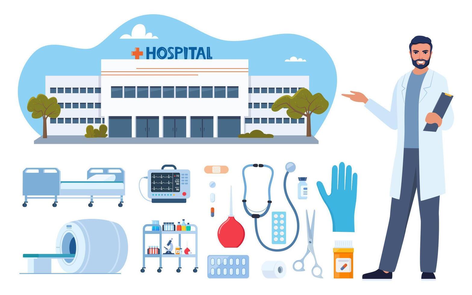 sjukhus byggnad, medicinsk enheter och läkare karaktär. sjukhus möbel, verktyg, läkemedel, Utrustning för behandling och diagnos. sjukvård ikoner uppsättning. vektor illustration.