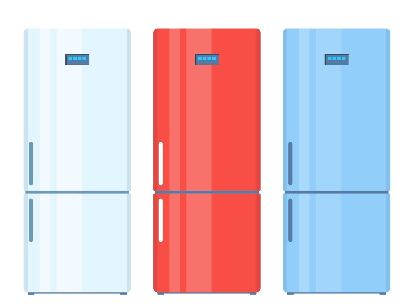 kylskåp. uppsättning av stängd tömma kylskåp. blå, röd, vit kylskåp för mat lagring. vektor illustration.