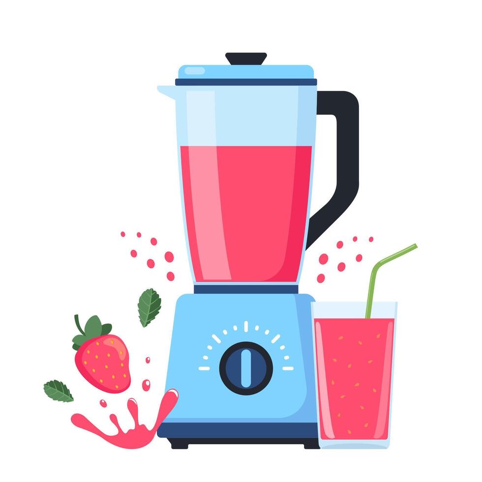 Mixer oder Rührgerät. Ausrüstung zum Smoothie Herstellung. Erdbeere und Glas von frisch Saft. Küche Werkzeug zum Kochen. Vektor Illustration.