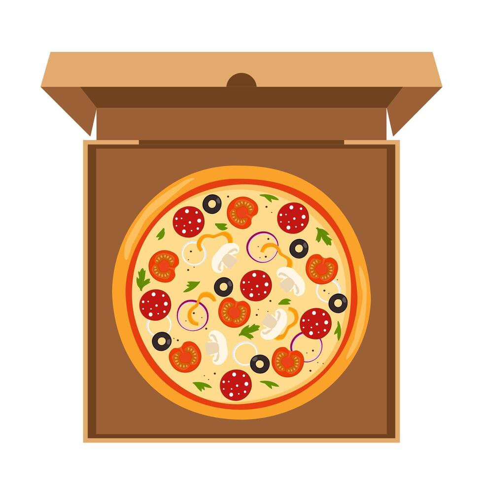 frisch runden Pizza mit Tomate, Käse, Olive, Wurst, Zwiebel, Basilikum. traditionell Italienisch schnell Lebensmittel. oben Aussicht Mahlzeit im ein öffnen Karton Kasten. Vektor Illustration.