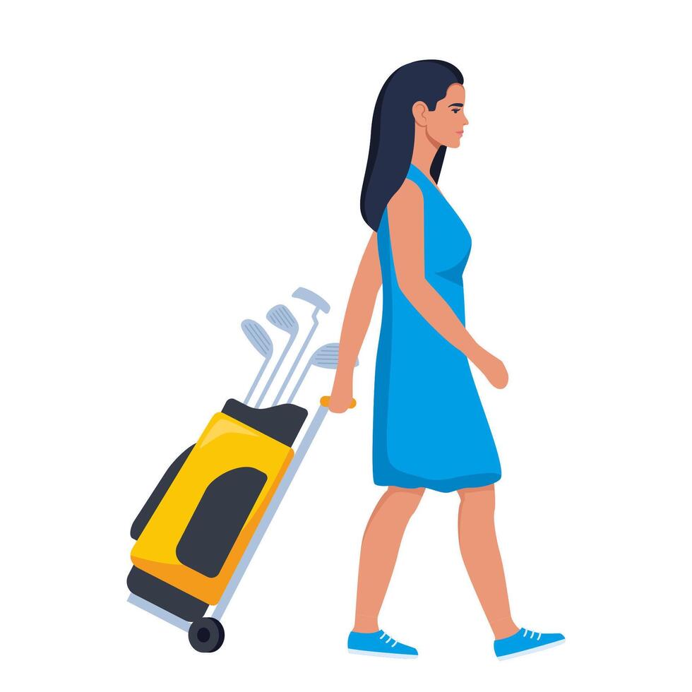 kvinna golf spelare gående med golf klubb väska, sida se. vektor illustration.