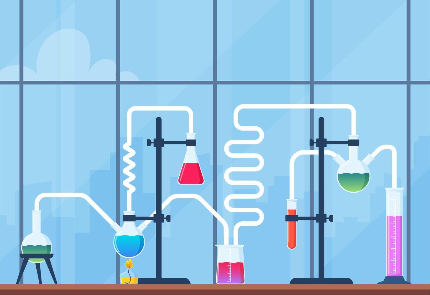 kemisk laboratorium med annorlunda glas flaskor, flaskor, provrör med ämne och reagens. labb forskning, testning, studier i kemi, fysik, biologi. baner, affisch. vektor illustration.