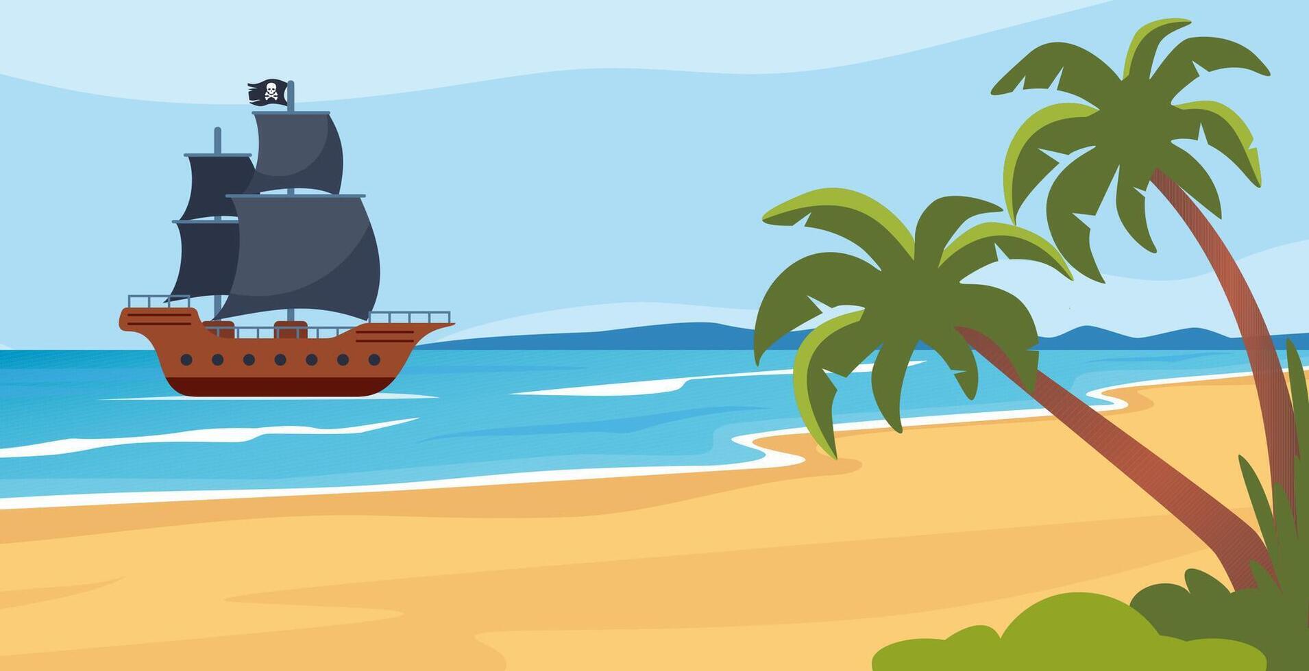 tropisch Insel und Pirat Schiff in der Nähe von das Insel. Meer Landschaft mit segeln Boot mit Schädel auf schwarz Segel, Palme Bäume auf unbewohnt Insel. Vektor Illustration.