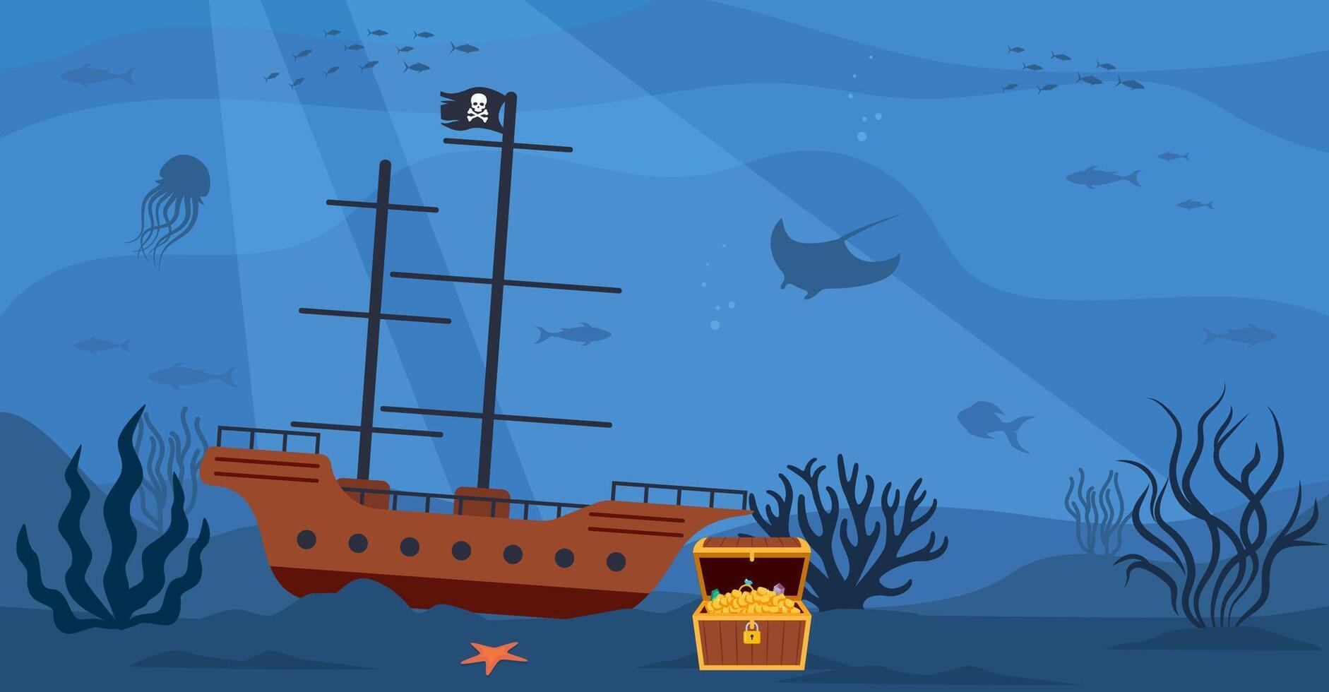 under vattnet landskap med öppen pirat skatt bröst och pirat fartyg på botten. vektor illustration.