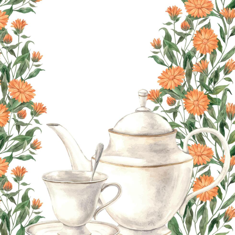 Aquarell Rahmen mit ein Keramik Jahrgang Becher und Teekanne, und Ringelblume um. Illustration ist Hand gezeichnet, geeignet zum Speisekarte Design, Verpackung, Poster, Webseite, Textil, Einladung, Broschüre, Textil- vektor