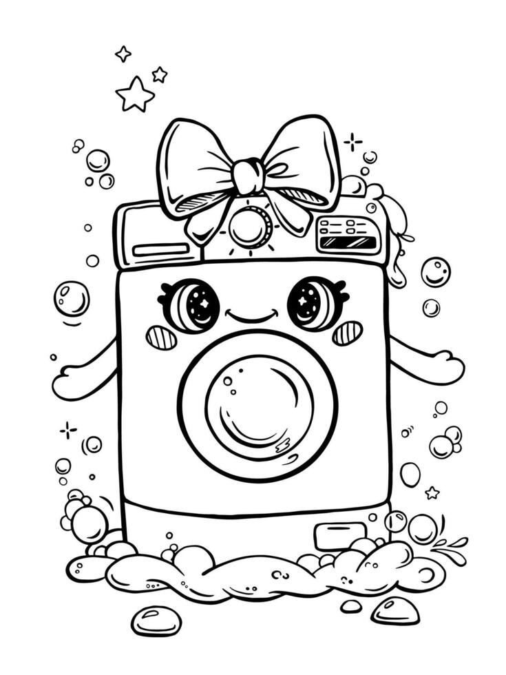 ai genererad söt tvättning maskin med tvål såplödder och bubblor. tecknad serie karaktär färg bok. vektor