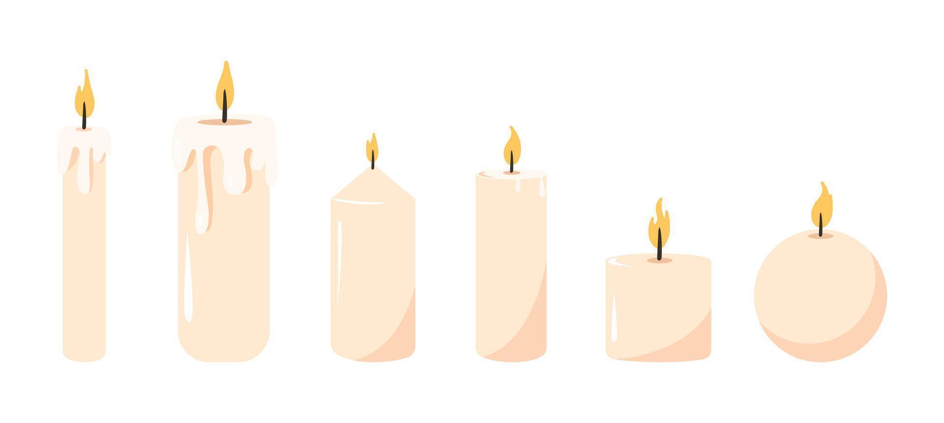 einstellen von Wachs Kerzen von verschiedene Formen. Kerze. Kerze Feuer. Vektor Grafik