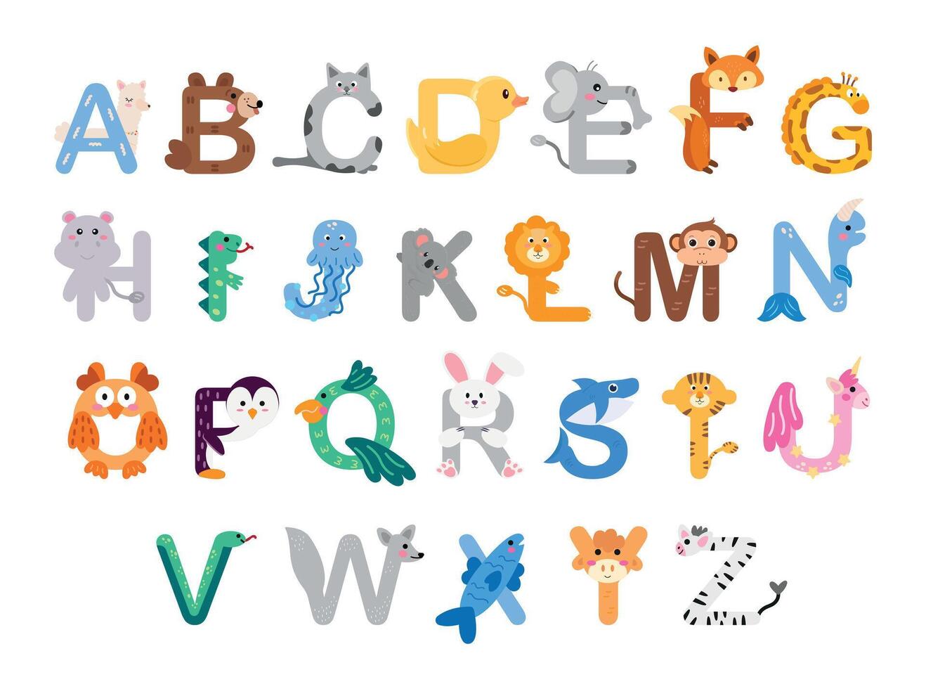 Zoo alfabet. djur- alfabet. brev från en till z. tecknad serie söt djur isolerat på vit bakgrund. annorlunda djur. lära sig brev med rolig djur, Zoo ABC och engelsk alfabet för ungar. vektor