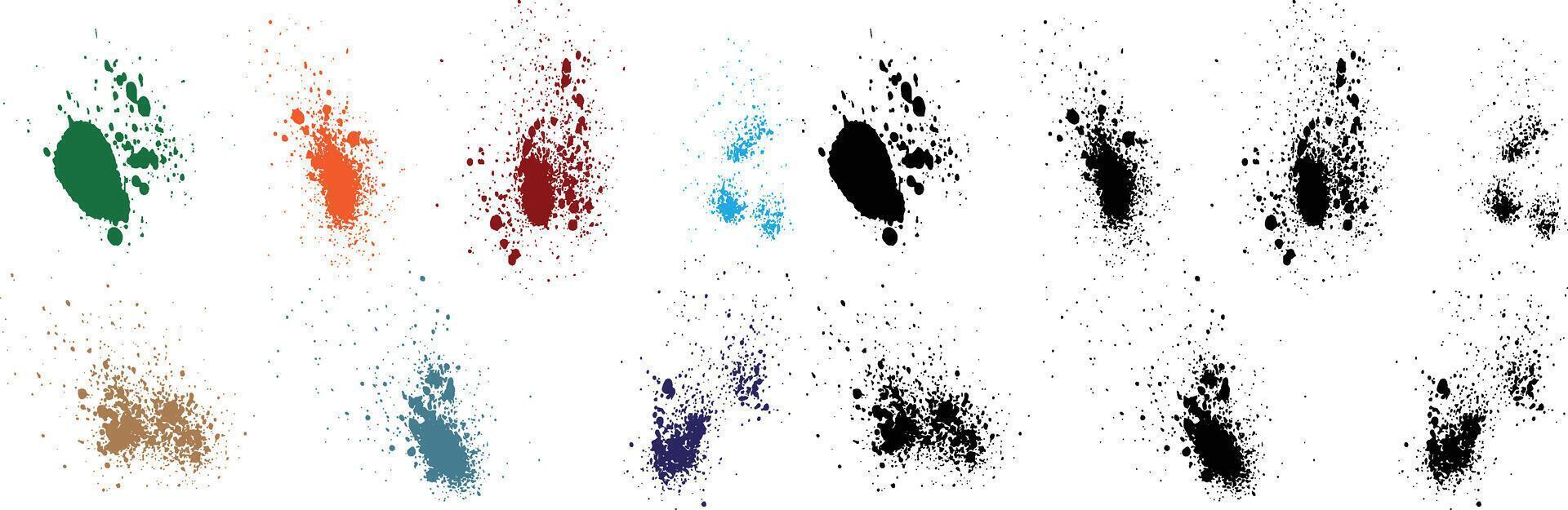 grungy handmålad uppsättning av droppande vete, orange, röd, svart, grön, lila Färg blod stänk vektor bakgrund