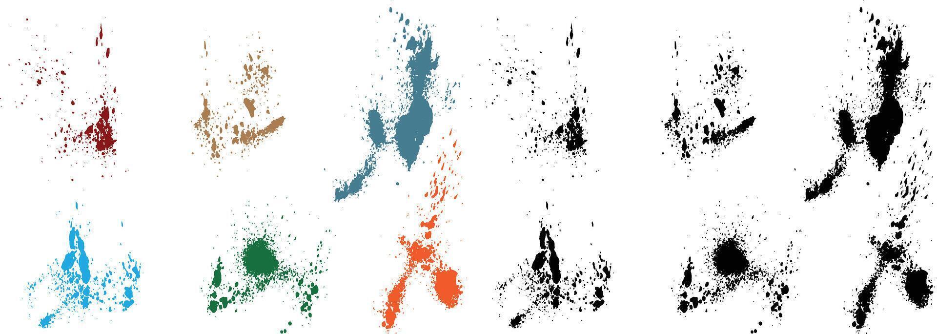 hand målad realistisk abstrakt orange, svart, röd, grön, vete, lila Färg stänka ner grunge vektor bläck borsta uppsättning