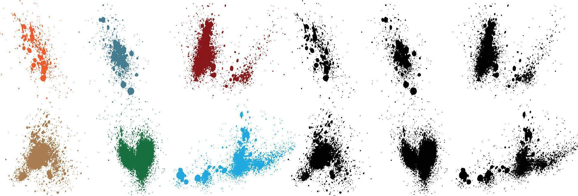 vektor samling av lila, vete, svart, röd, grön, orange Färg blod släppa och stänka ner isolerat måla borsta stroke bakgrund
