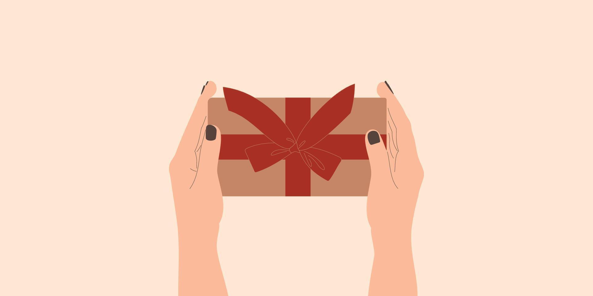 Hände halten ein Geschenk Box mit ein rot Band vektor