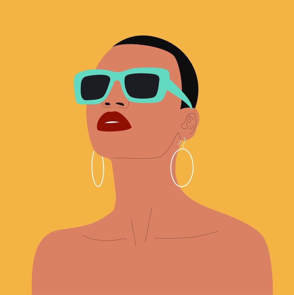 ein Frau tragen Sonnenbrille und Ohrringe vektor