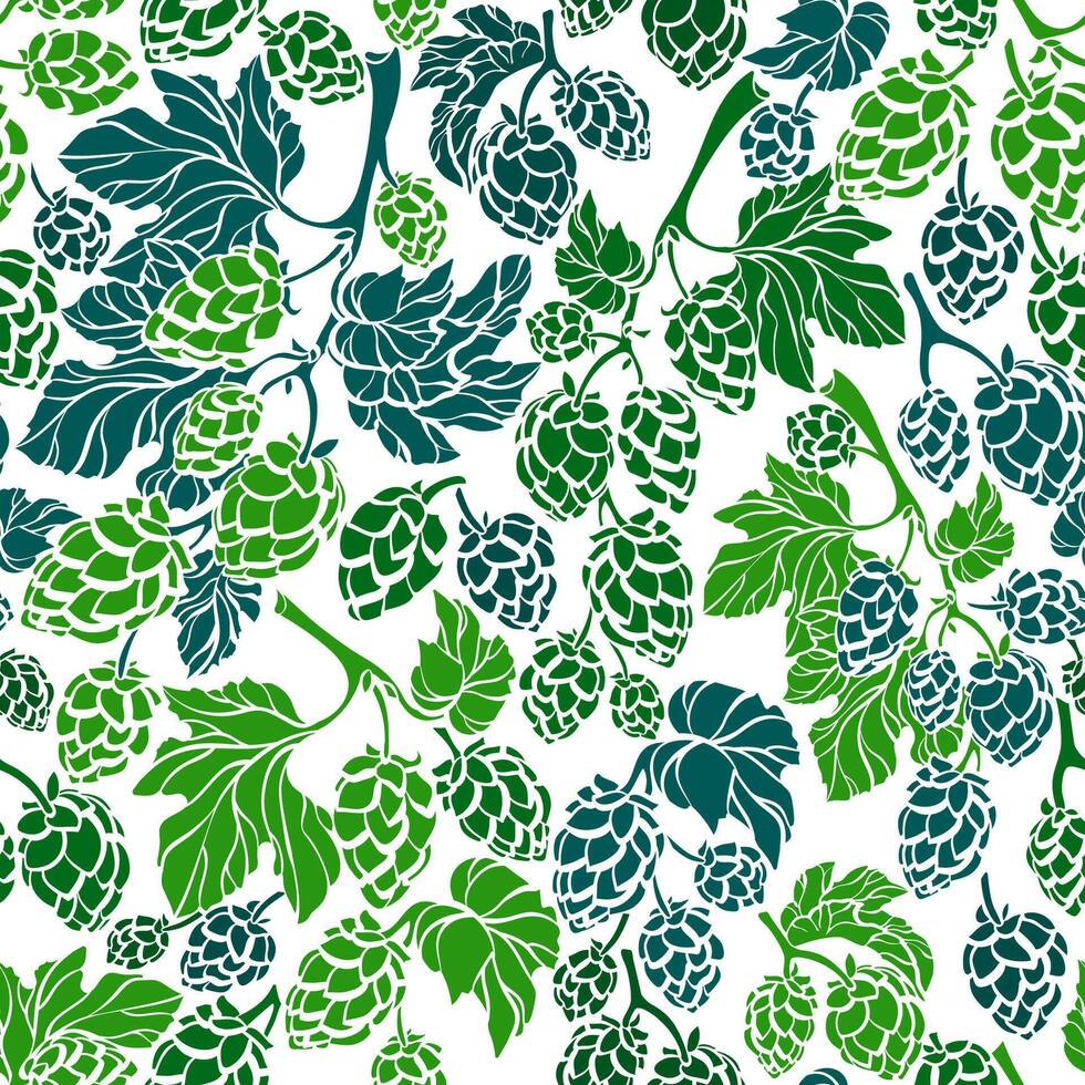 hopp sömlös mönster. vektor natur gren, grön kon. organisk öl. hand dragen silhuett av blad på vit bakgrund. lövverk skriva ut, natur tapet, konst enkel illustration