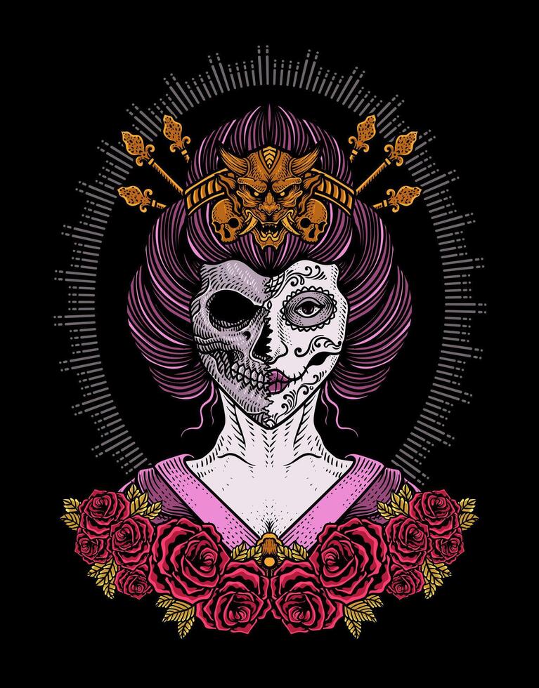 illustration vektor geisha socker skalle lady med reste sig blommor, tatuering design, vektor illustration