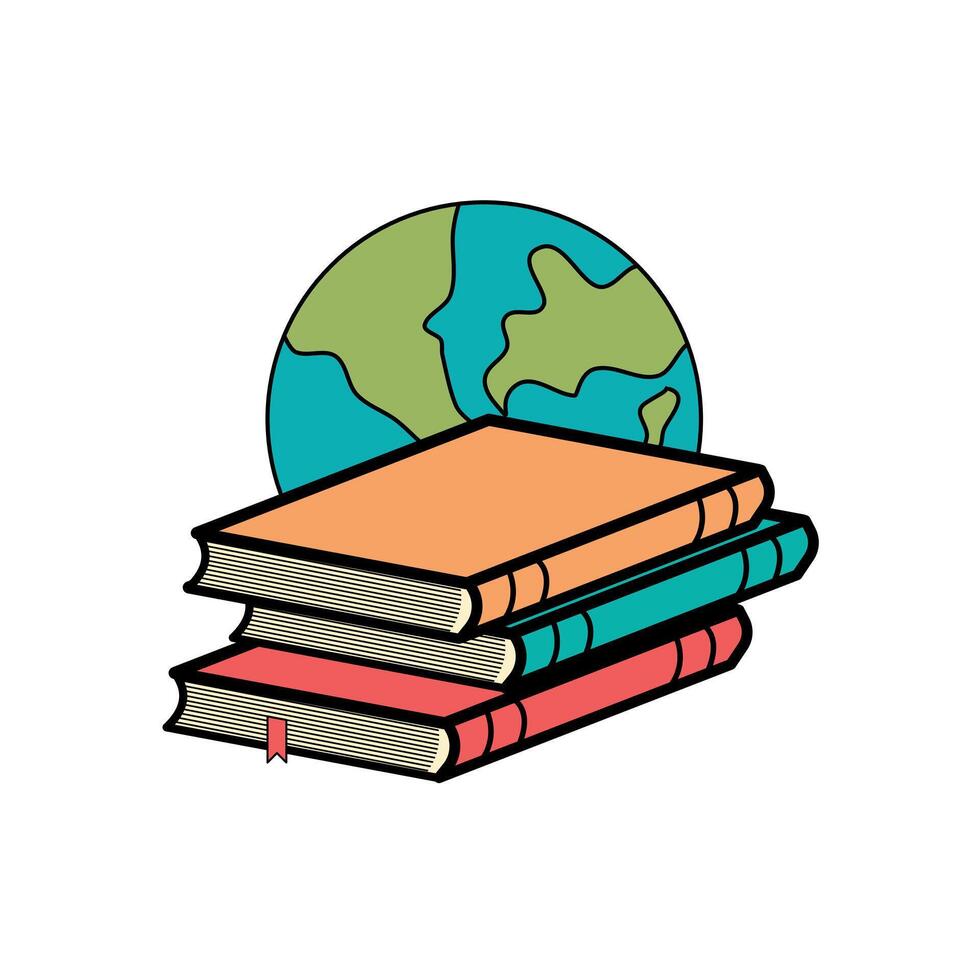 Welt Buch Tag. Stapel von bunt Bücher mit öffnen Buch auf Globus Hintergrund. Bildung Vektor Illustration.