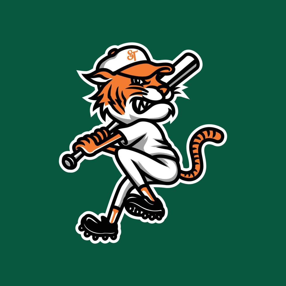 Tiger Maskottchen Objekt Baseball Verein Sport einstellen im Jahrgang Hand gezeichnet Design vektor