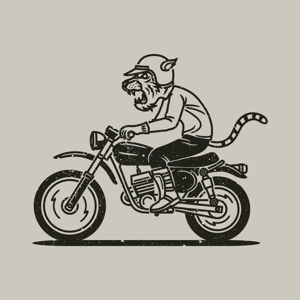 tiger maskot motorcykel bricka bricka, märka, logotyp, t-shirt grafisk i årgång hand dragen vektor illustration