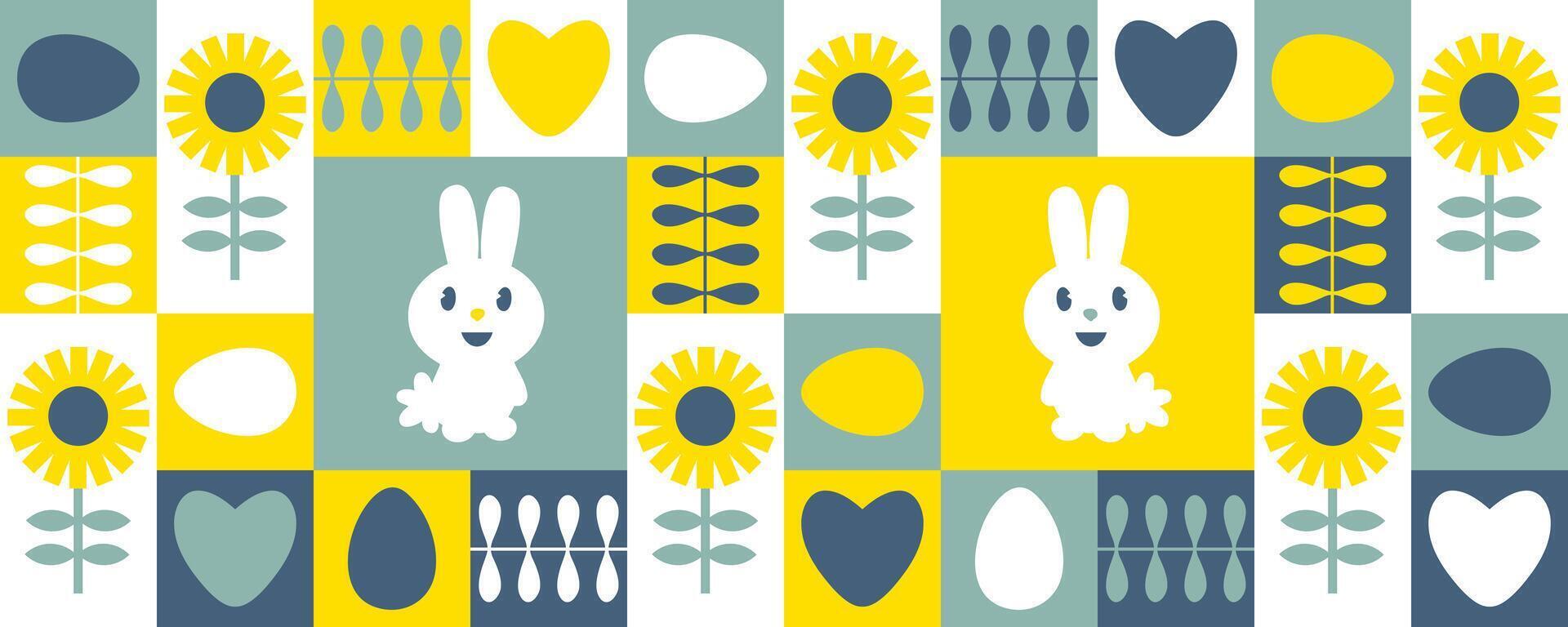 roligt påsk horisontell baner med söt leende kaniner, solrosor och ägg. perfekt skriva ut för vykort, kopp, mugg. bra vår design för några projekt. vektor