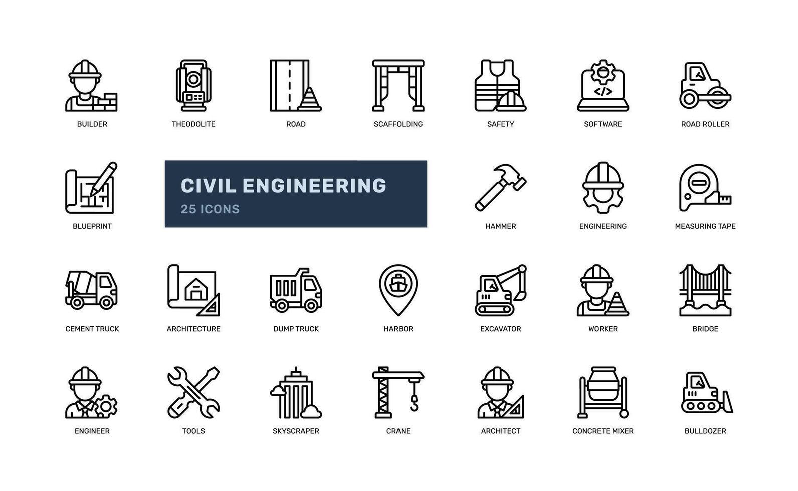 civil teknik byggare tung maskin reparera underhåll arkitektur detaljerad översikt linje ikon uppsättning vektor