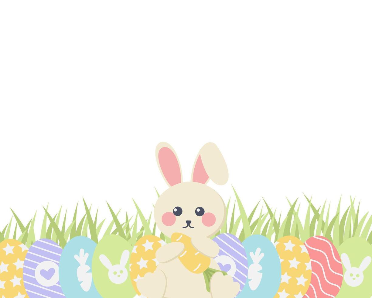 hälsning kort med kanin och påsk ägg på en vit bakgrund. söt bakgrund bra för påsk kort, baner, textilier, bakgrundsbilder. vektor illustration.