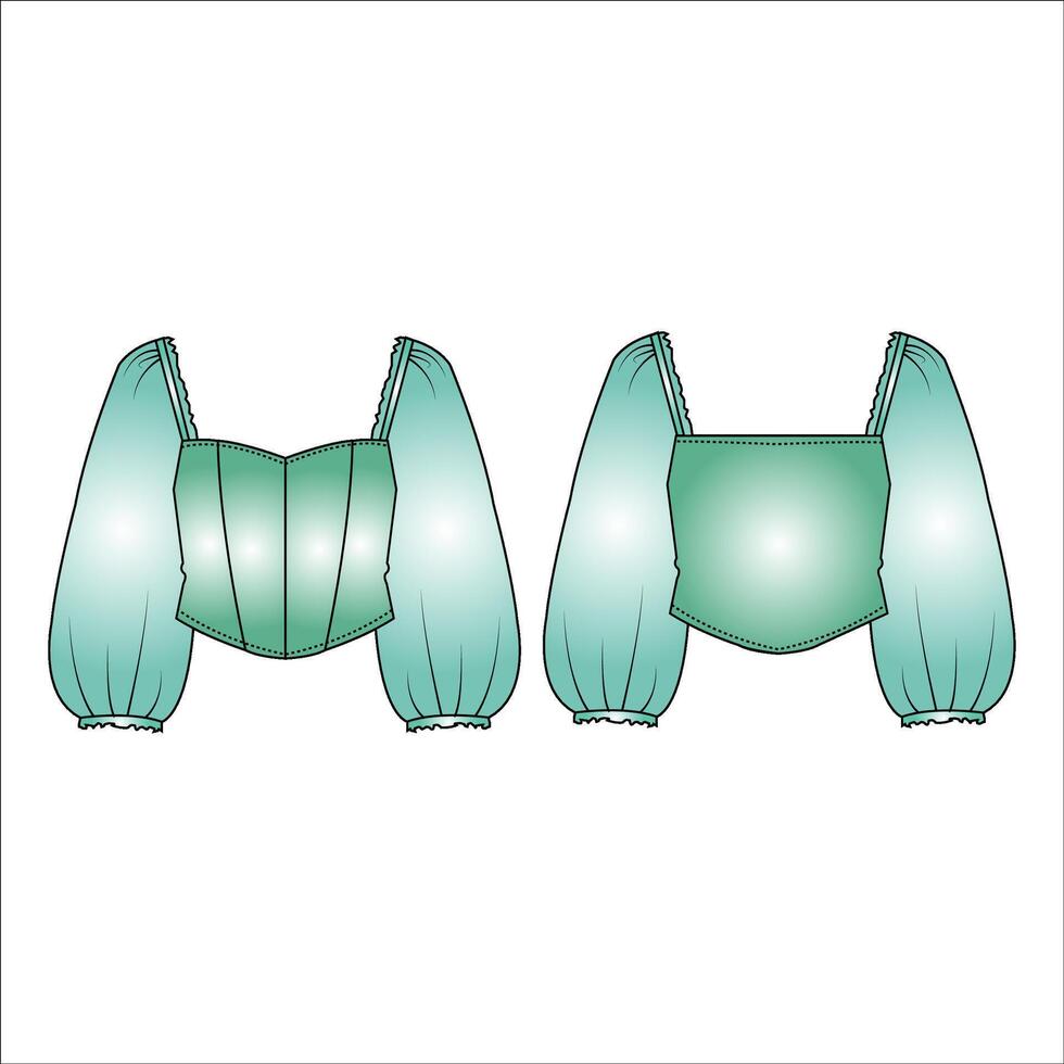 Damen Ballon Ärmel Korsett oben technisch Mode Illustration eben skizzieren bekleidung oben Vorlage Vorderseite, Weiß und bunt vektor