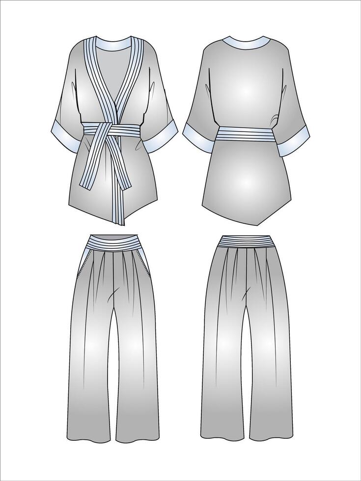 unisex- karate kostym design med utsvängd byxor platt skiss mode illustration med främre och tillbaka se insvept kimono blus topp med pyjamas kostym nattkläder uppsättning cad teckning vektor