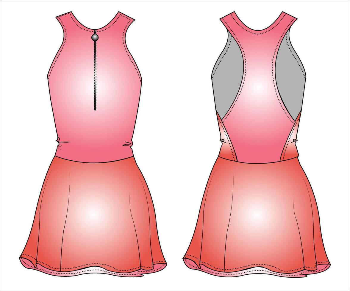 Mädchen Racerback Tennis Golf Kleid Mode eben skizzieren Vektor Illustration. Vorderseite und zurück Aussicht technisch Zeichnung Vorlage