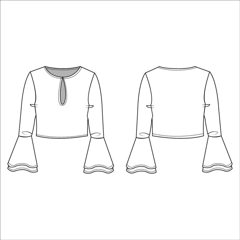 Damen Komfort aufgeflammt Ärmel Schlüsselloch Bluse technisch Mode Illustration Vorderseite und zurück Farbe vektor