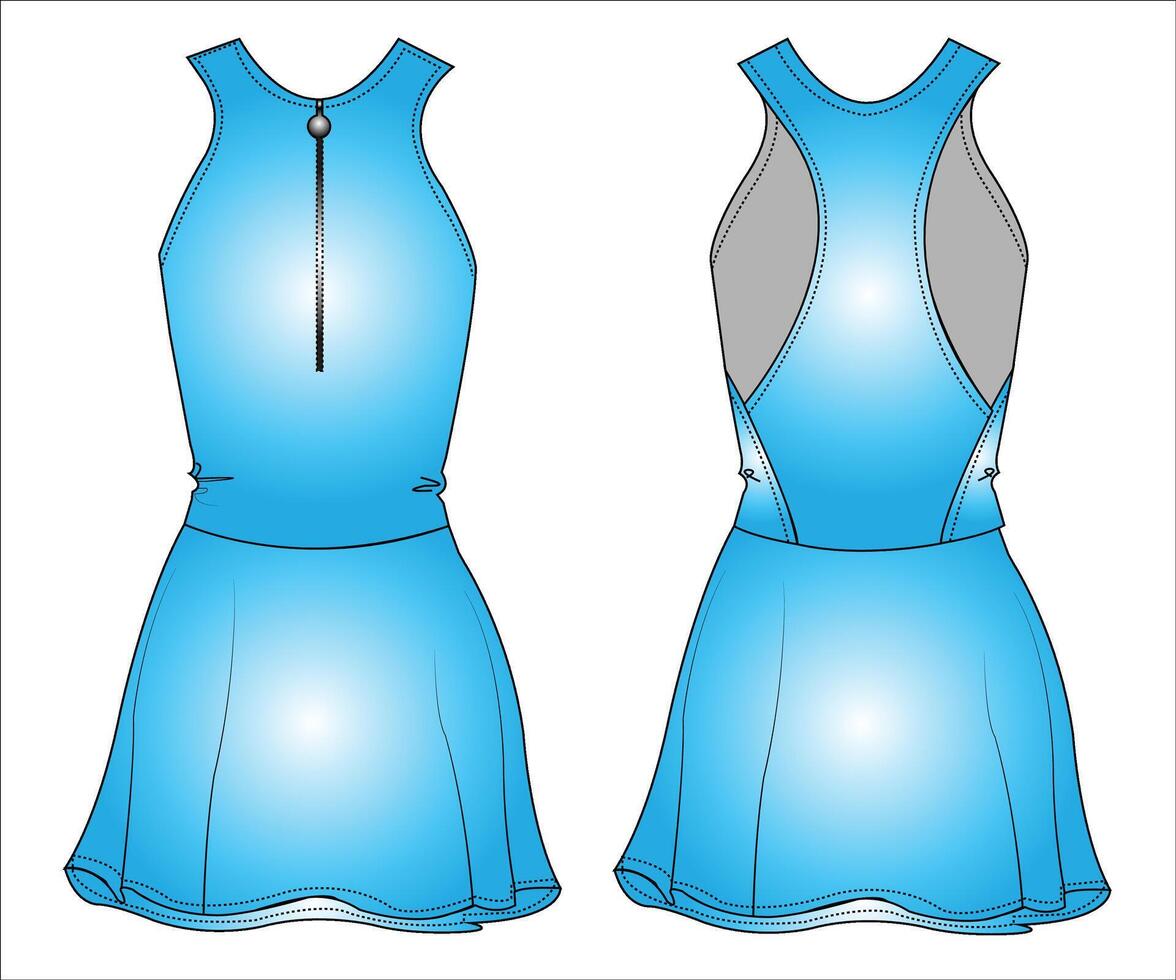flickans racerback tennis golf klänning mode platt skiss vektor illustration. främre och tillbaka se teknisk teckning mall