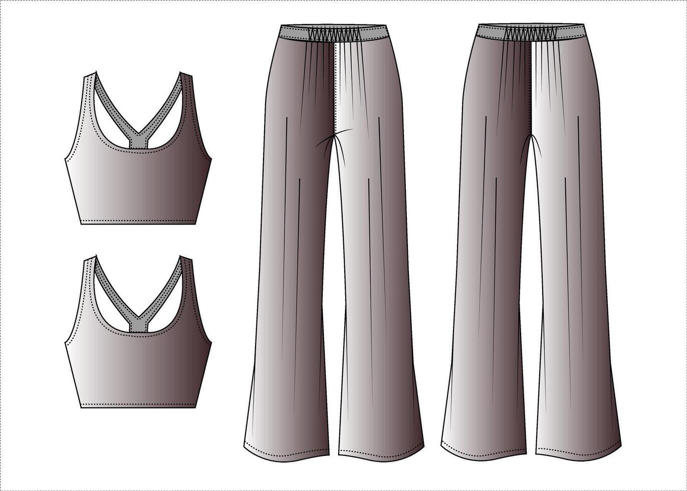 kvinnors vardagsrum uppsättning ärmlös beskära topp och bred ben byxor mode platt skiss vektor illustration teknisk cad teckning mall