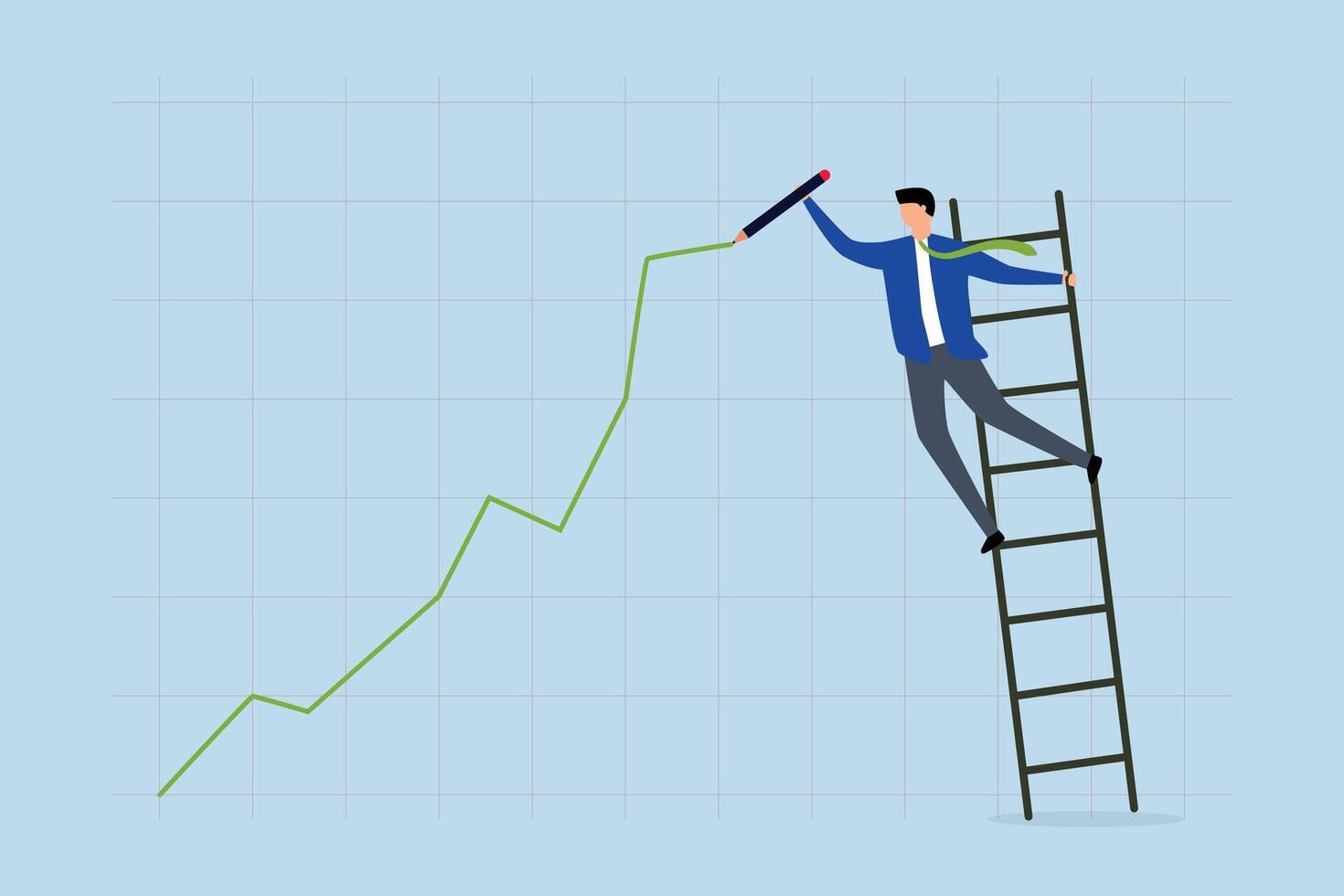 Lager Preis Wachstum, Geschäftsmann Händler Klettern oben Leiter zu zeichnen Grün steigend oben Investition Linie Graph. vektor