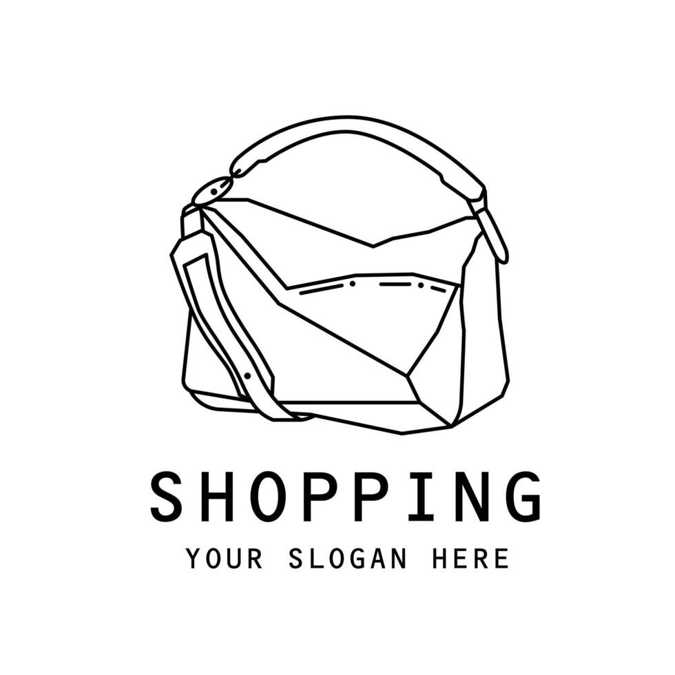 Einkaufen Logo. Einkaufen Logo mit Frauen Tasche Gliederung im Weiß Hintergrund. Profi Vektor