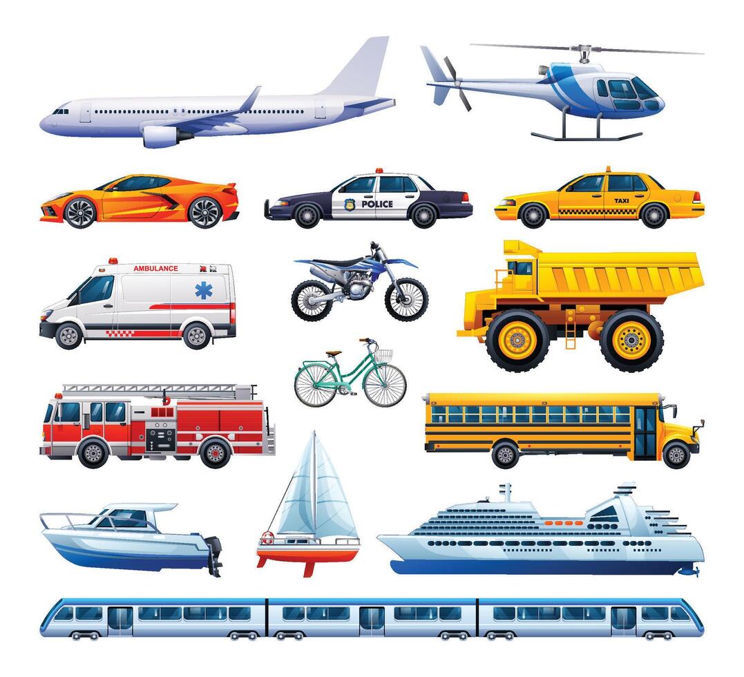 einstellen von Transport Elemente. Sammlung von verschiedene Arten von Fahrzeuge. Vektor Karikatur Illustration