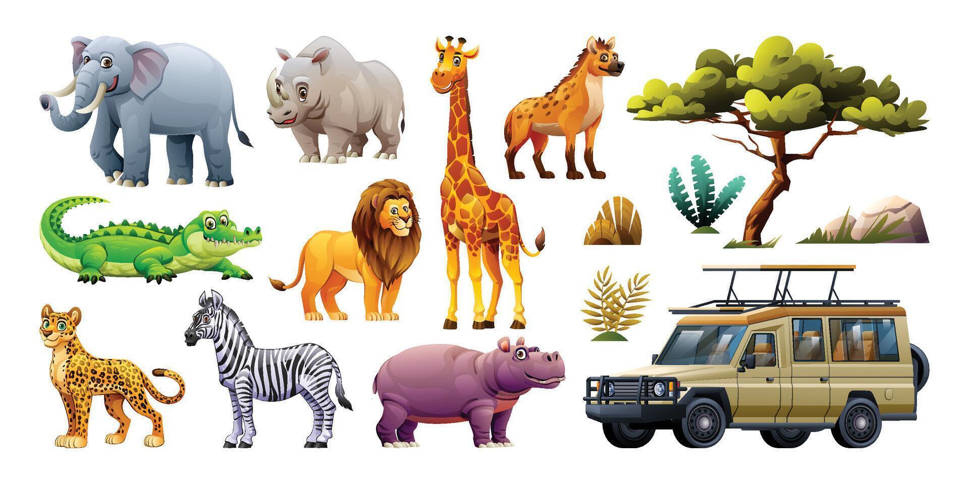 uppsättning av afrikansk safari vild djur och element. vektor tecknad serie illustration