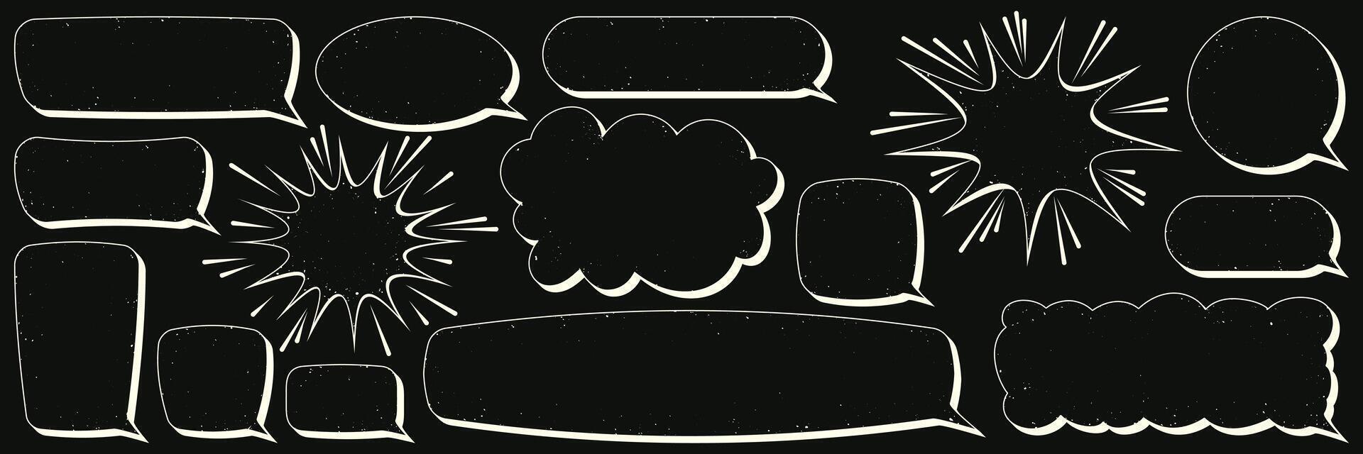 uppsättning av komisk Tal bubblor i de form av en moln, rektangel, utplåna med tömma Plats för text. vektor illustration i retro linjär stil utan skuggning med textur av smuts, skav.