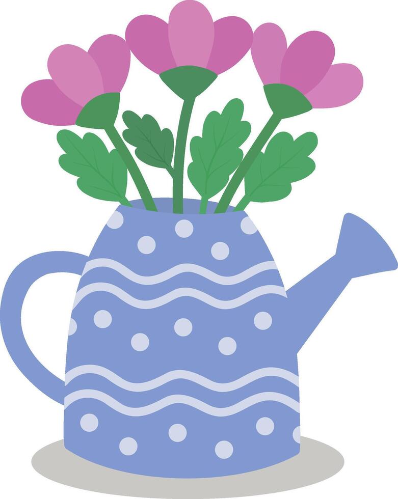 Vektor Illustration von ein Bewässerung können im das bilden von ein Vase mit Frühling Blumen, Tulpen, Gänseblümchen, Pfingstrosen. ein lebendig Illustration. süß saisonal Illustration von ein Frühling Blume zum Gartenarbeit, Clip Art