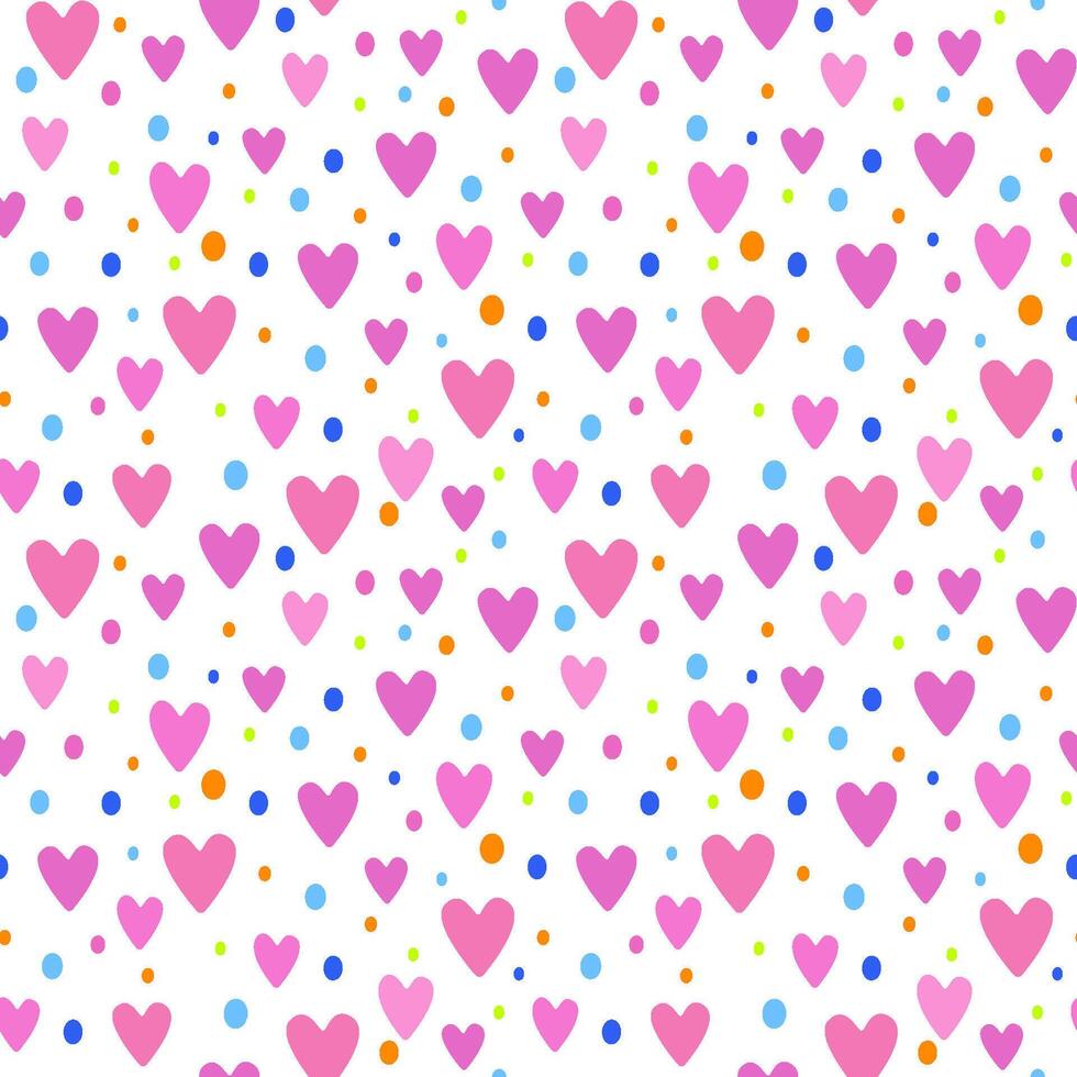 ett illustration av en sömlös mönster i de form av rosa hjärtan och flerfärgad prickar. söt romantisk skriva ut, festlig bakgrund för hjärtans dag, romantisk bröllop design. vektor