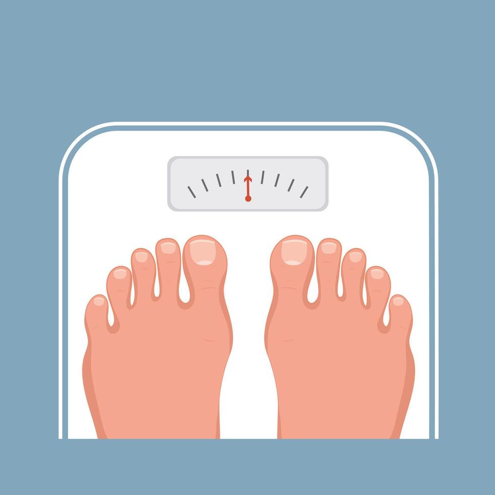 Übergewicht weiblich Füße auf Waage. oben Aussicht von Füße. Gewicht Messung und Kontrolle. Mensch gesund Lebensstil. Vektor Illustration.