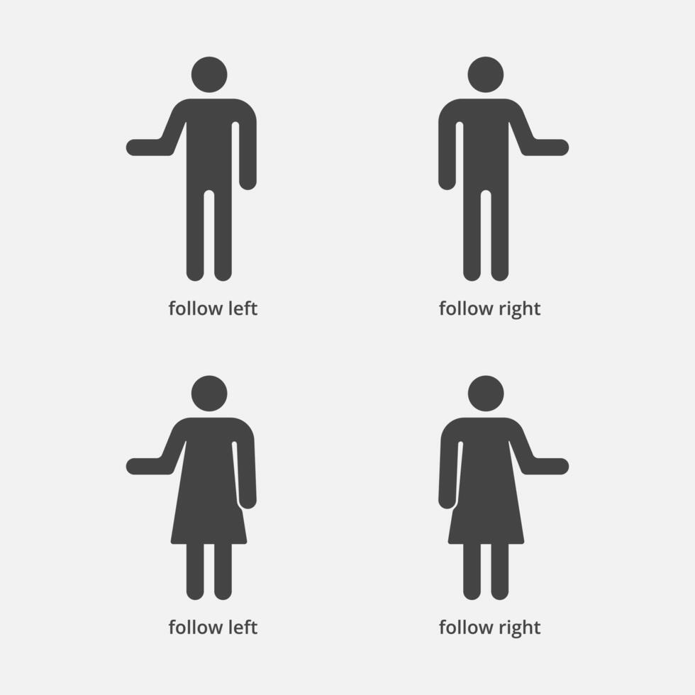 Menschen Show Pfad Richtung. Mann Wende links, Frau Folgen richtig Zeichen. Toiletten Pfeile Symbole. informativ Weg Symbole. Vektor Illustration
