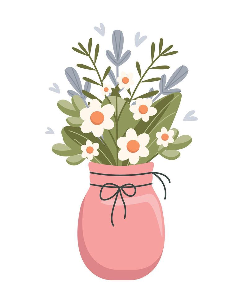 vår blommor i en rosa vas isolerat på vit bakgrund. vår bukett. vektor illustration. platt söt stil.