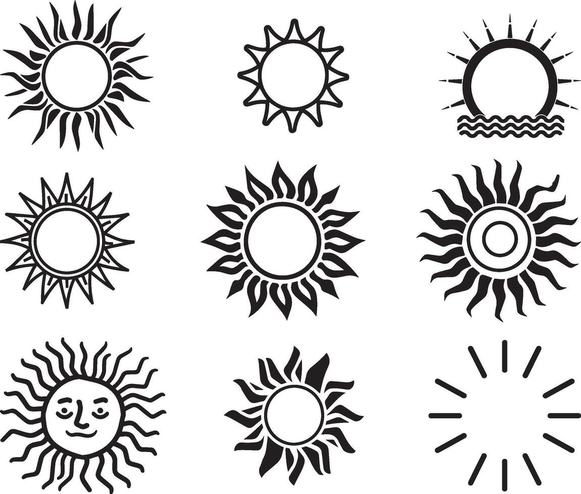 schwarz und Weiß Sonne einstellen von Symbol, Vektor auf isoliert Weiß Hintergrund