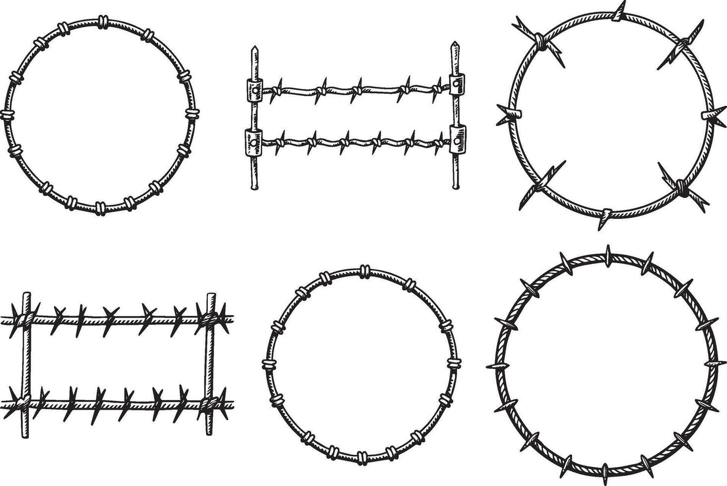 uppsättning av hullingförsedda tråd ramar. hand dragen vektor, illustration i skiss stil. design element för militär, säkerhet, fängelse, slaveri begrepp vektor