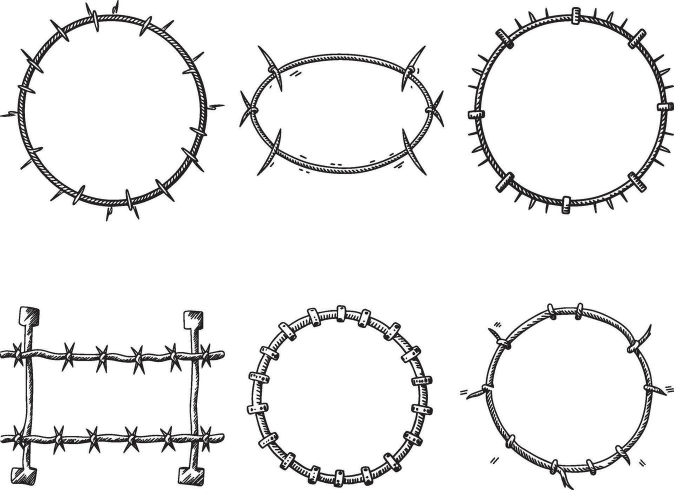 einstellen von mit Widerhaken Draht Rahmen. Hand gezeichnet Vektor, Illustration im skizzieren Stil. Design Element zum Militär, Sicherheit, Gefängnis, Sklaverei Konzepte vektor