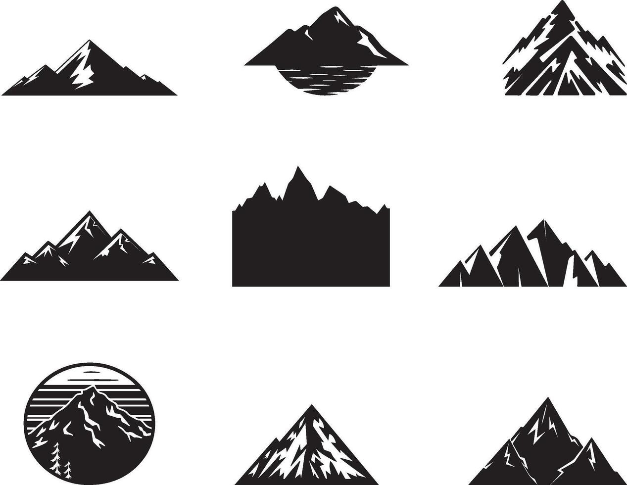 uppsättning av svart sten kulle och berg silhuett landskap, vektor på isolerat vit bakgrund