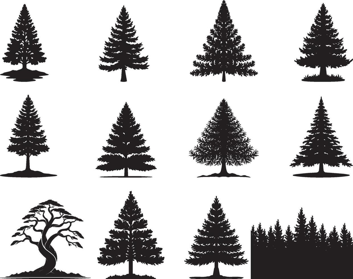 uppsättning av tall träd silhuett. tall träd landskap, vektor. på isolerat vit bakgrund vektor
