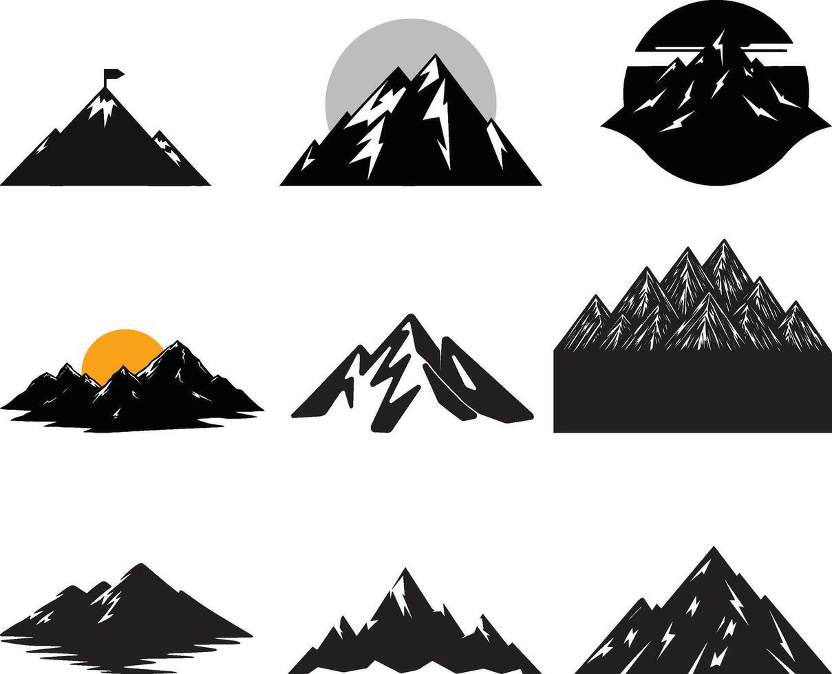 einstellen von schwarz Felsen Hügel und Berg Silhouette Landschaft, Vektor auf isoliert Weiß Hintergrund