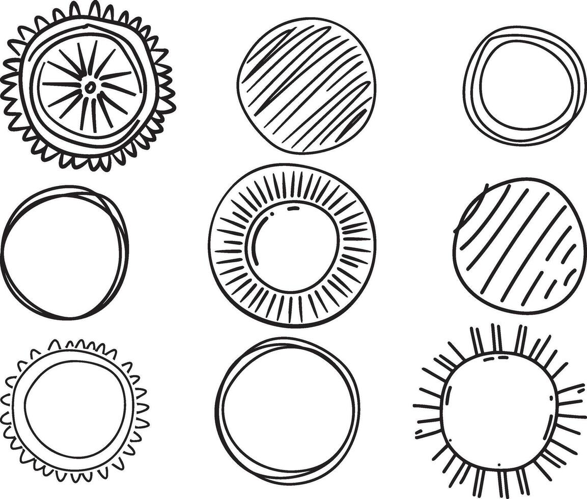 uppsättning av söt hand dragen cirkel former, vektor på isolerat vit bakgrund