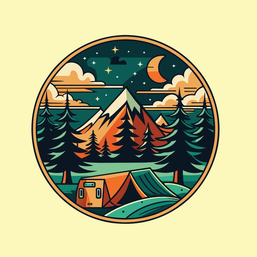 camping logotyp, t skjorta design retro stil. vektor illustration